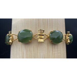 Vtg Green Jadeite Bracelet Gold Plated Bamboo Accent Floral Box Clasp 7" UV Test